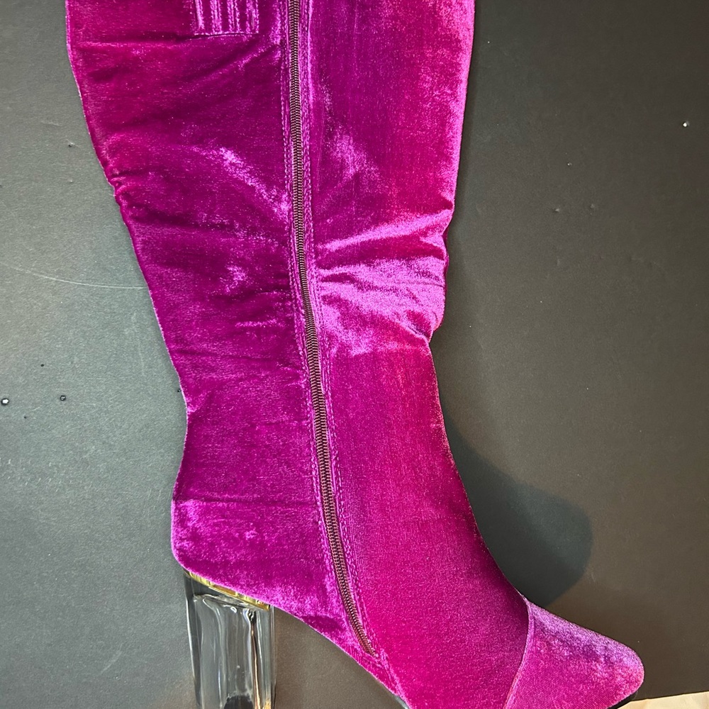 New Wide Calf Size 8W Pink Magenta Velvet With Clear Chunky Heel Boots - Picture 14 of 16
